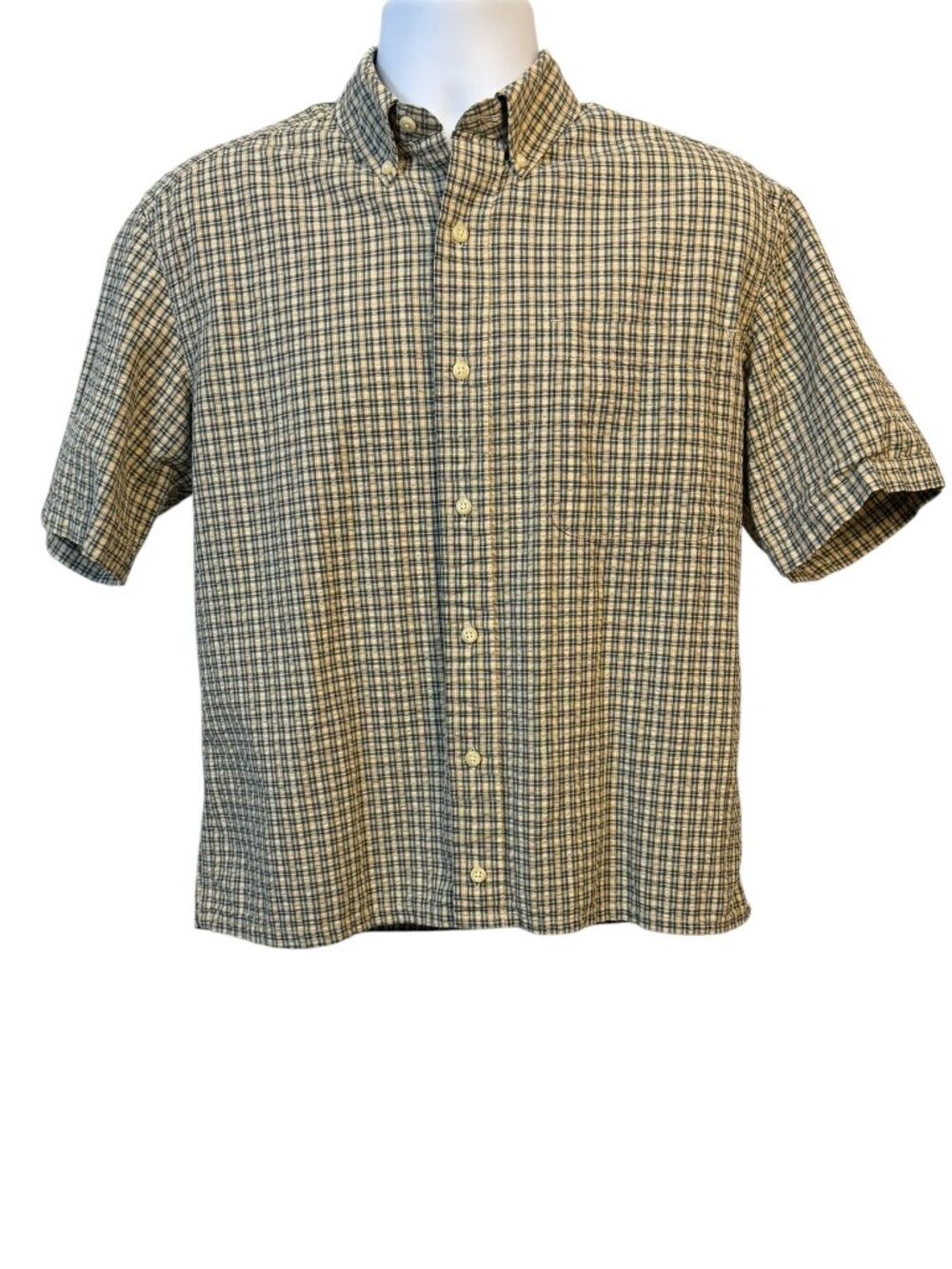 Eddie Bauer Men's Small Cream Gray Micro Plaid Short Sleeve Button Down Shirt